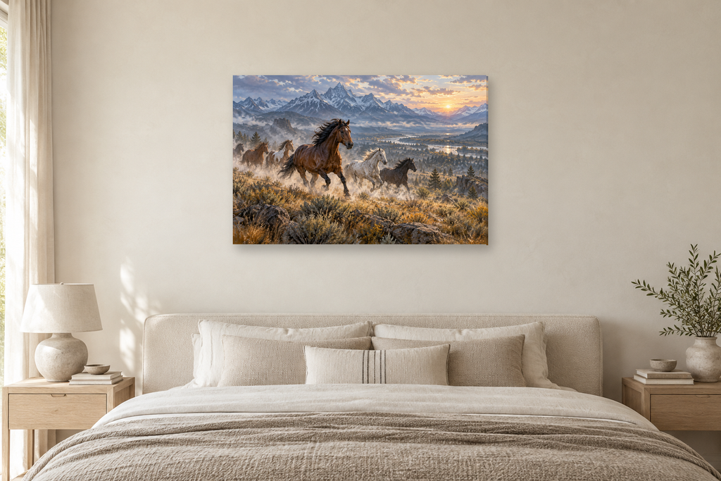 Wild Horse Run — horizontal canvas in a bedroom, full original artwork