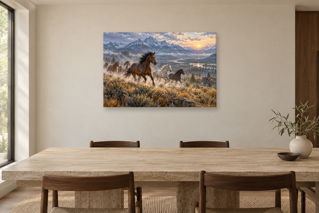 Wild Horse Run — horizontal canvas in a dining room, full original artwork