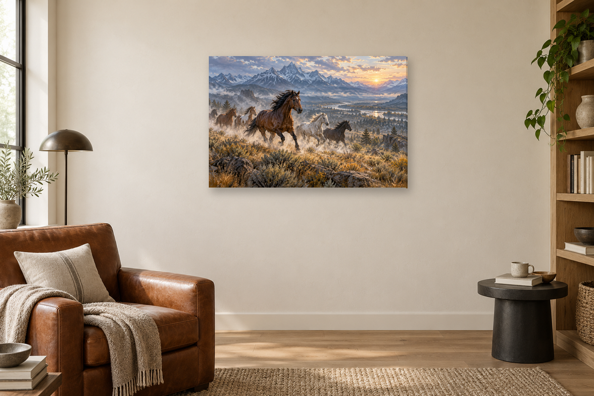 Wild Horse Run — horizontal canvas in a reading corner, full original artwork