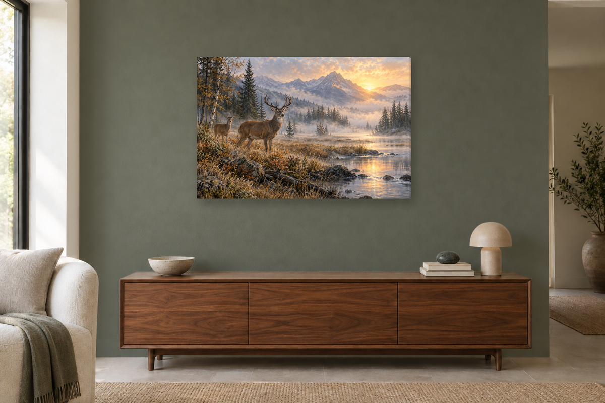 Deer In Morning Mist — horizontal canvas in a living room, full original artwork