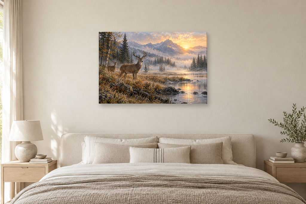 Deer In Morning Mist — horizontal canvas in a bedroom, full original artwork