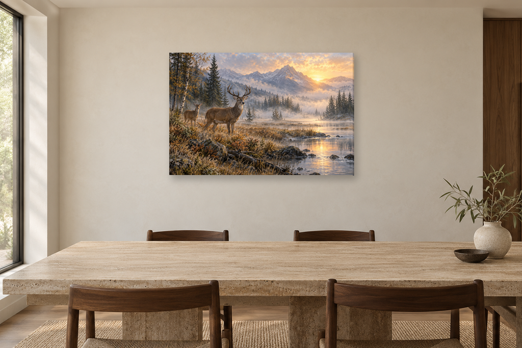 Deer In Morning Mist — horizontal canvas in a dining room, full original artwork