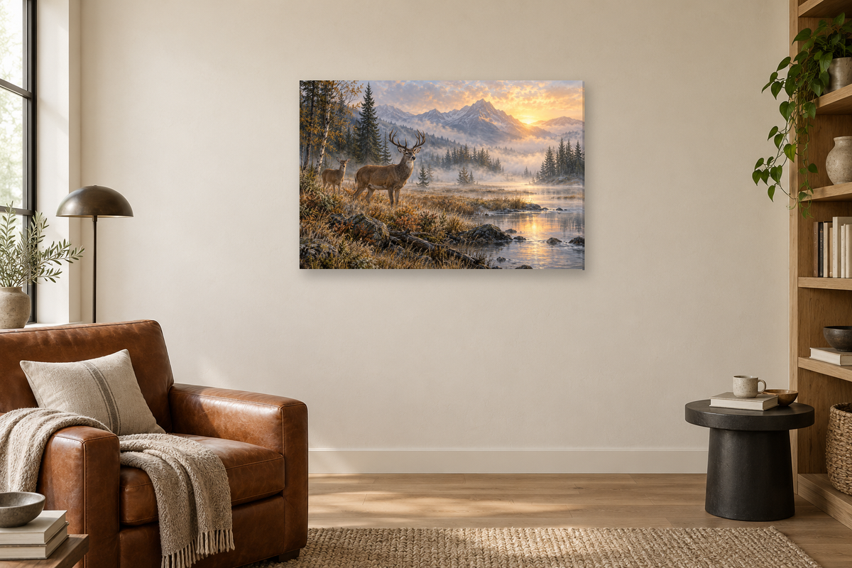 Deer In Morning Mist — horizontal canvas in a reading corner, full original artwork