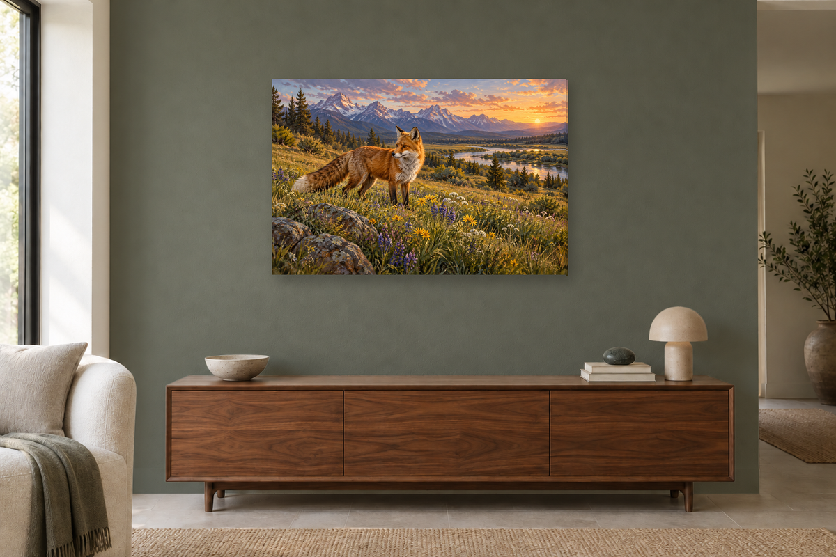 Fox In The Meadow — horizontal canvas in a living room, full original artwork