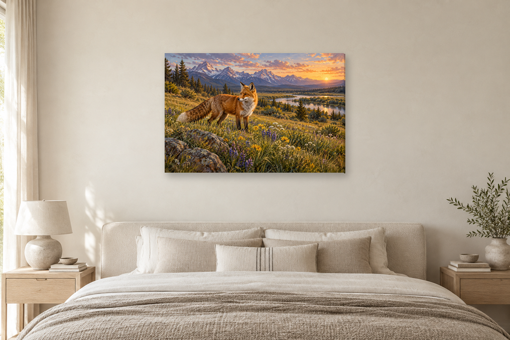 Fox In The Meadow — horizontal canvas in a bedroom, full original artwork