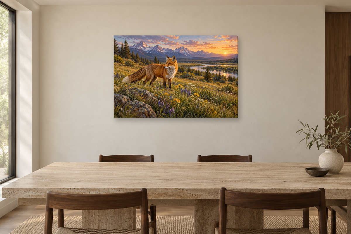 Fox In The Meadow — horizontal canvas in a dining room, full original artwork