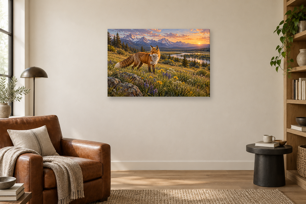 Fox In The Meadow — horizontal canvas in a reading corner, full original artwork