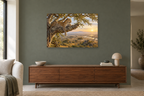 Leopard In Acacia — horizontal canvas in a living room, full original artwork