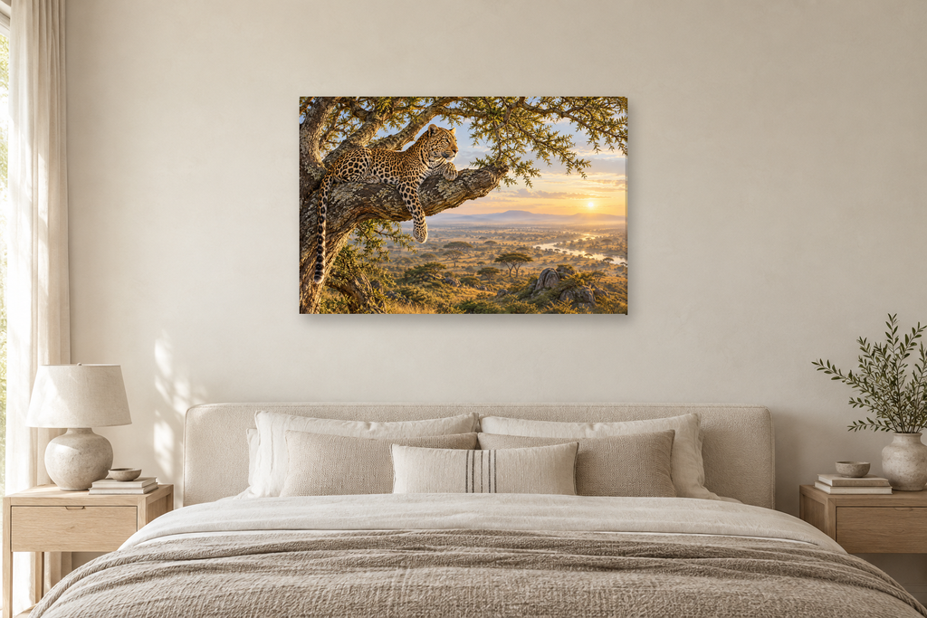 Leopard In Acacia — horizontal canvas in a bedroom, full original artwork