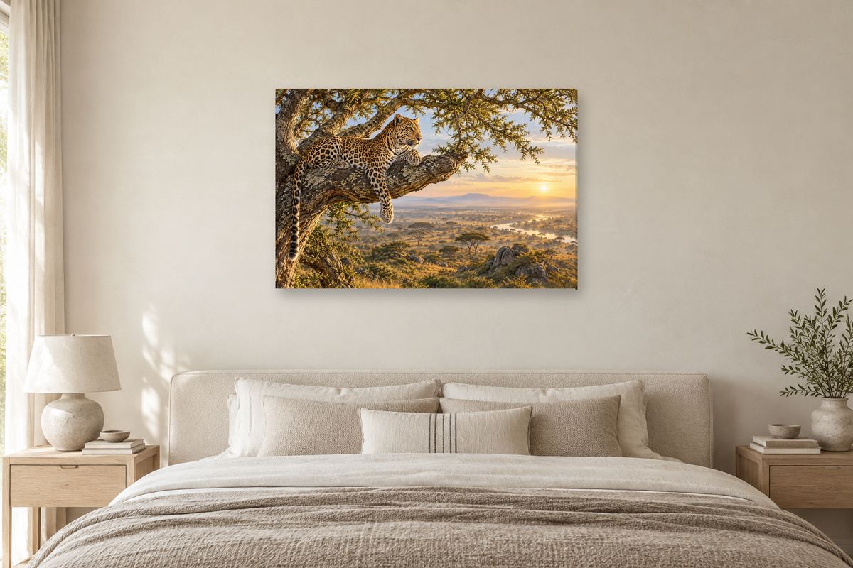 Leopard In Acacia — horizontal canvas in a bedroom, full original artwork