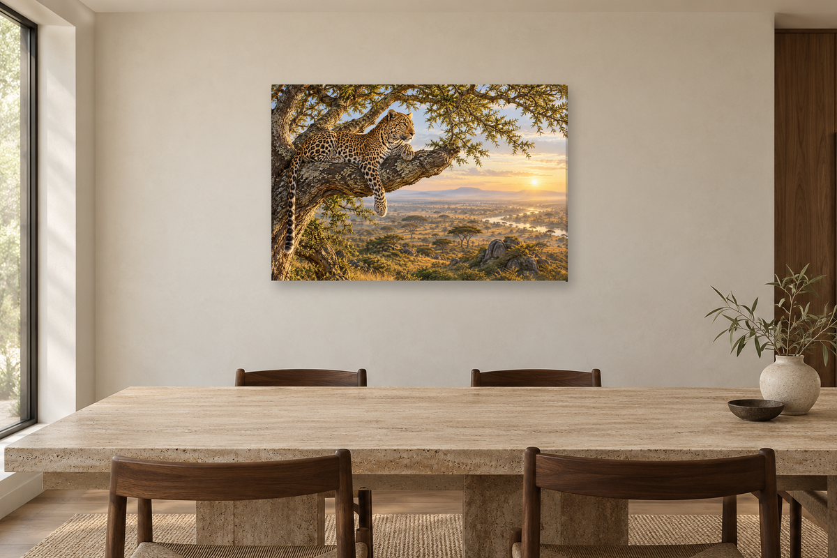 Leopard In Acacia — horizontal canvas in a dining room, full original artwork