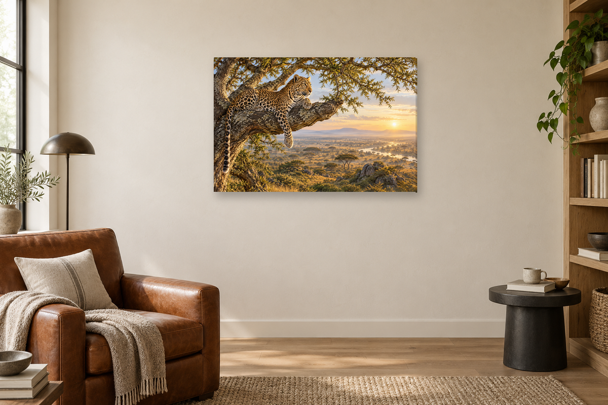 Leopard In Acacia — horizontal canvas in a reading corner, full original artwork