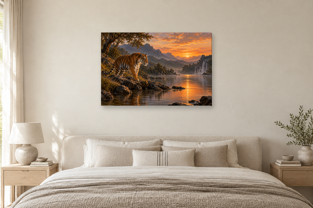 Tiger By The Water — horizontal canvas in a bedroom, full original artwork