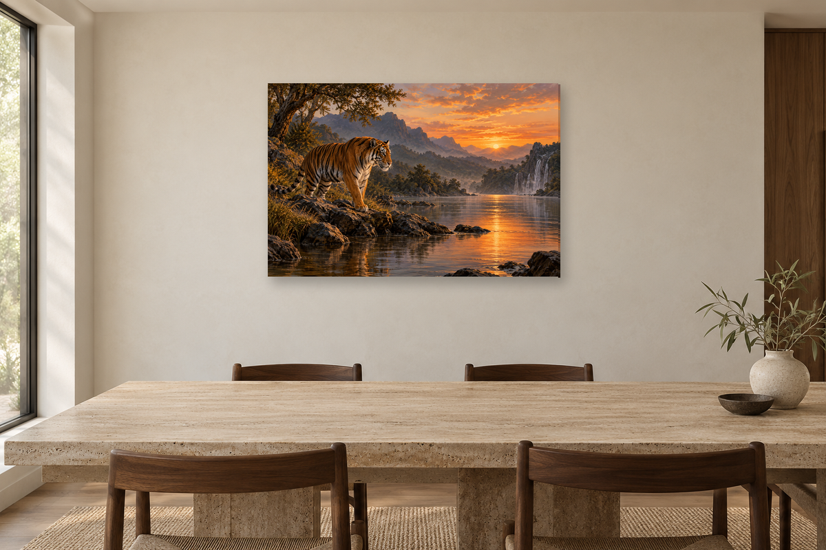 Tiger By The Water — horizontal canvas in a dining room, full original artwork