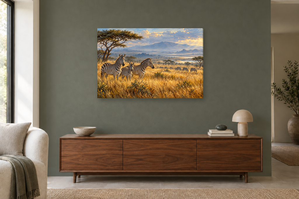 Zebras In Golden Grass — horizontal canvas in a living room, full original artwork