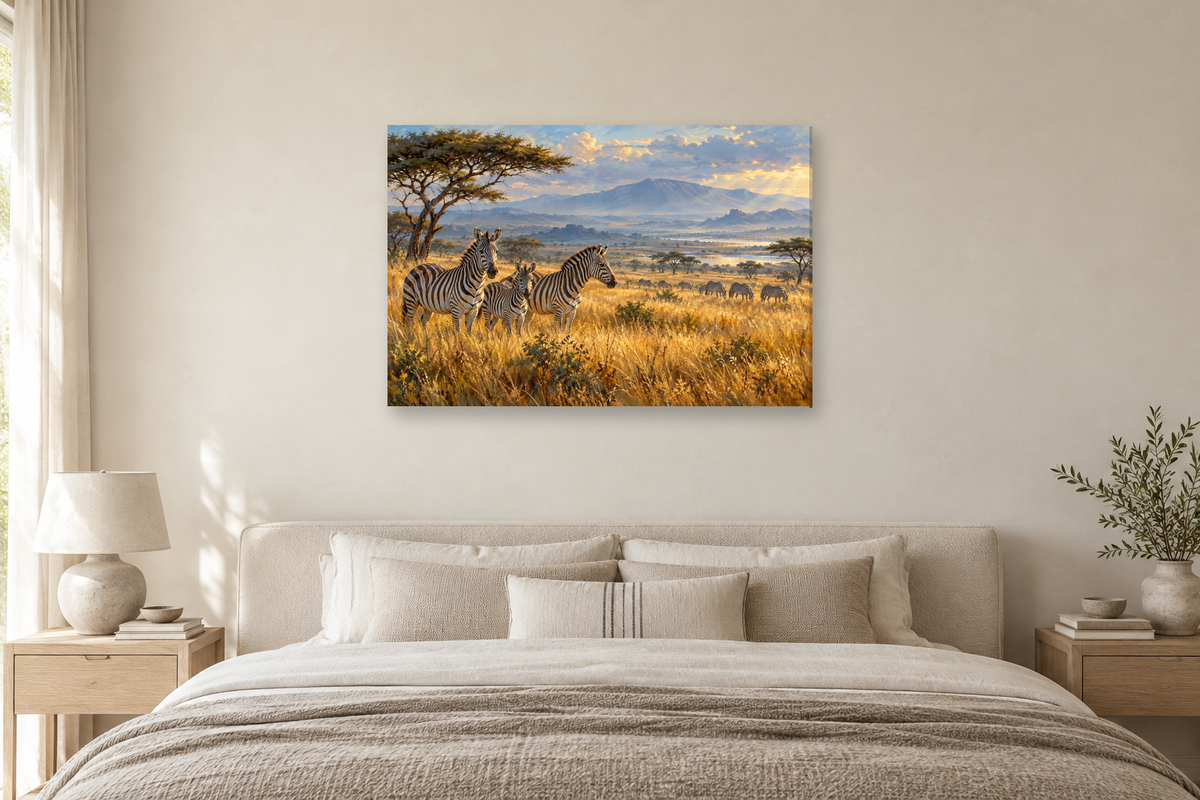Zebras In Golden Grass — horizontal canvas in a bedroom, full original artwork