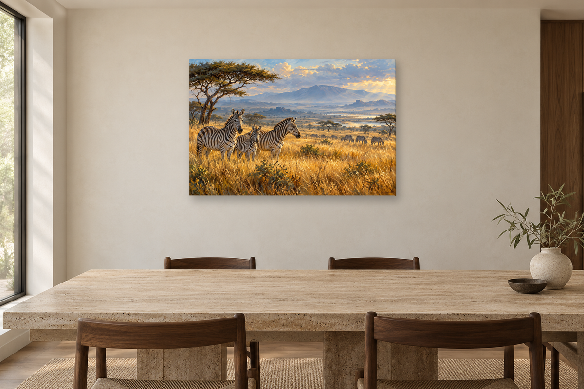 Zebras In Golden Grass — horizontal canvas in a dining room, full original artwork