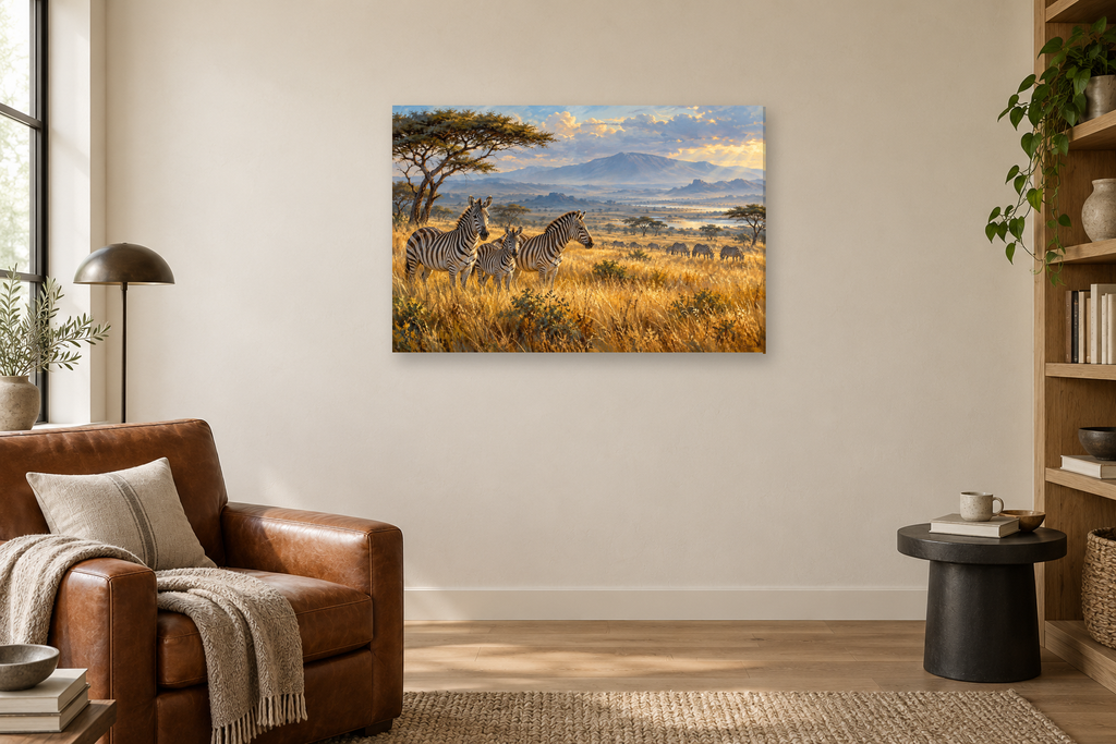 Zebras In Golden Grass — horizontal canvas in a reading corner, full original artwork