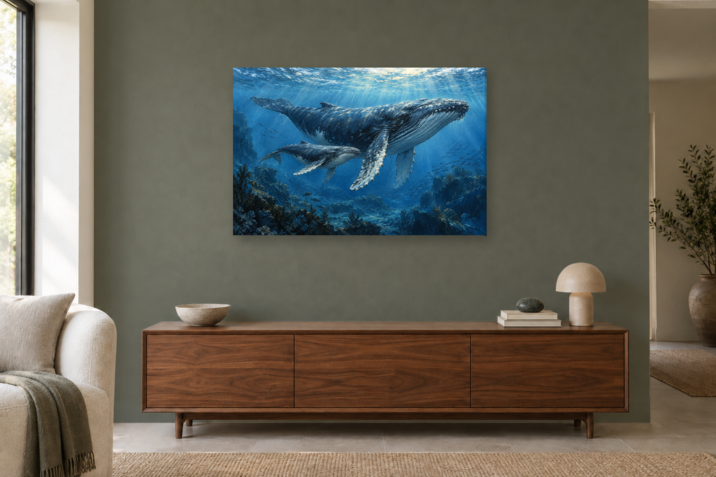 Whales Below Blue — horizontal canvas in a living room, full original artwork