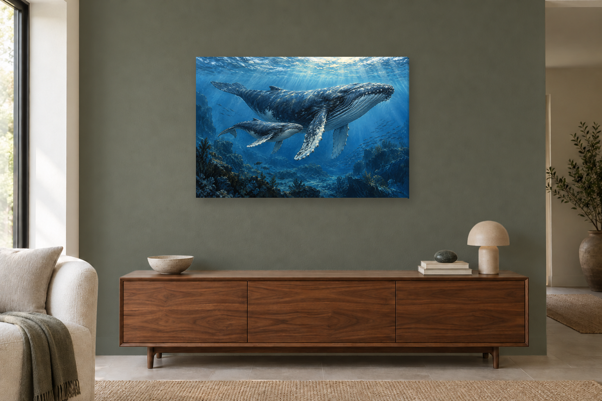 Whales Below Blue — horizontal canvas in a living room, full original artwork
