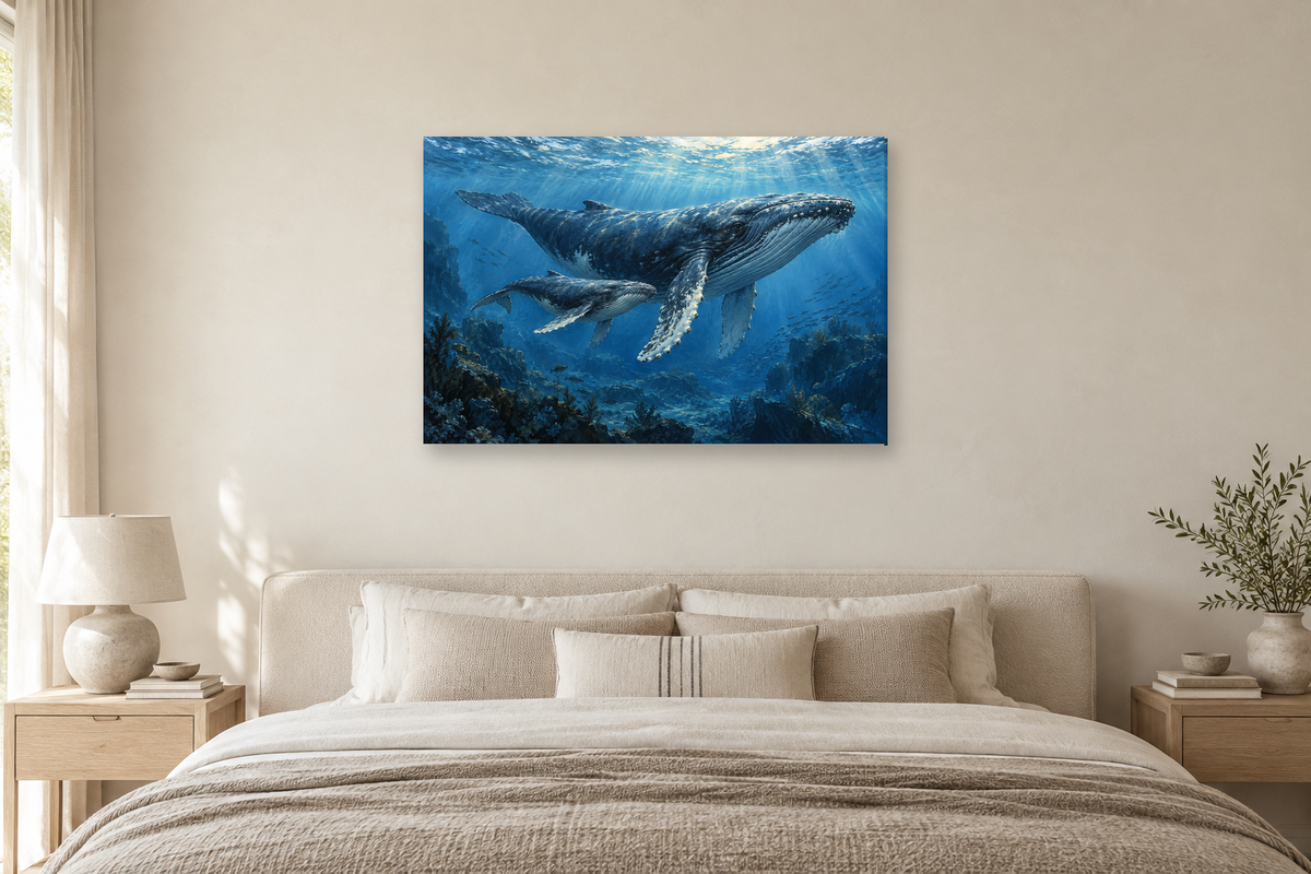 Whales Below Blue — horizontal canvas in a bedroom, full original artwork