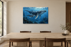 Whales Below Blue — horizontal canvas in a dining room, full original artwork