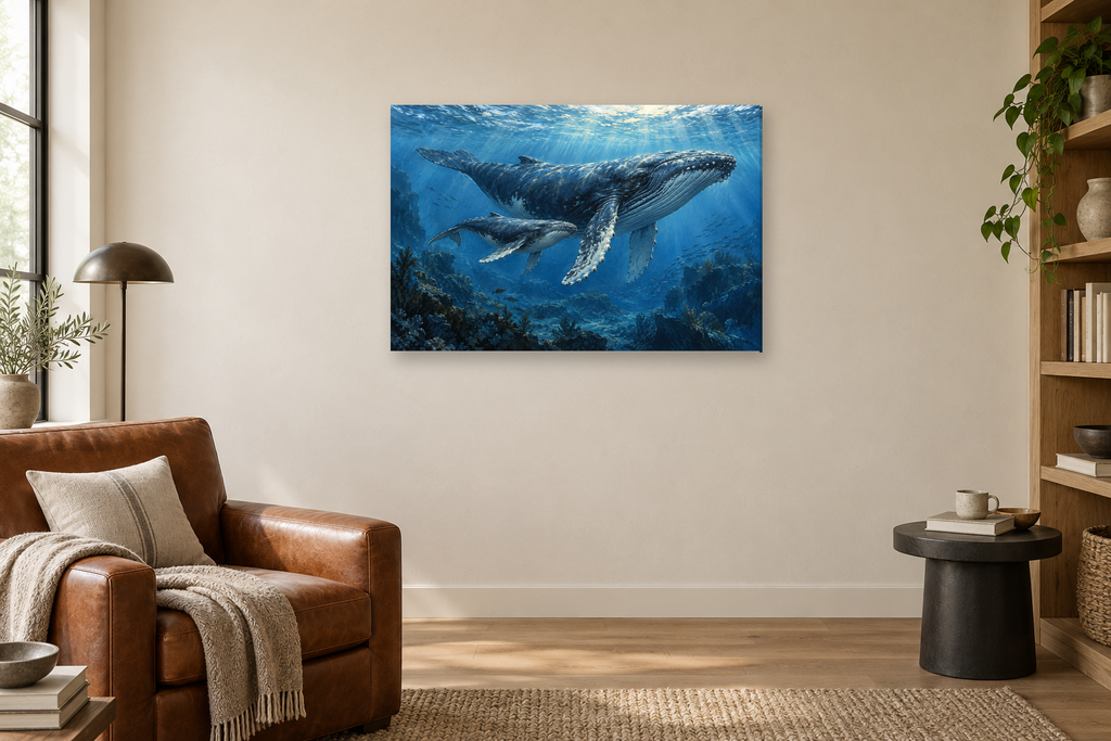 Whales Below Blue — horizontal canvas in a reading corner, full original artwork