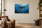 Whales Below Blue — horizontal canvas in a reading corner, full original artwork