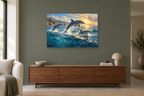 Dolphins In Sunlight — horizontal canvas in a living room, full original artwork
