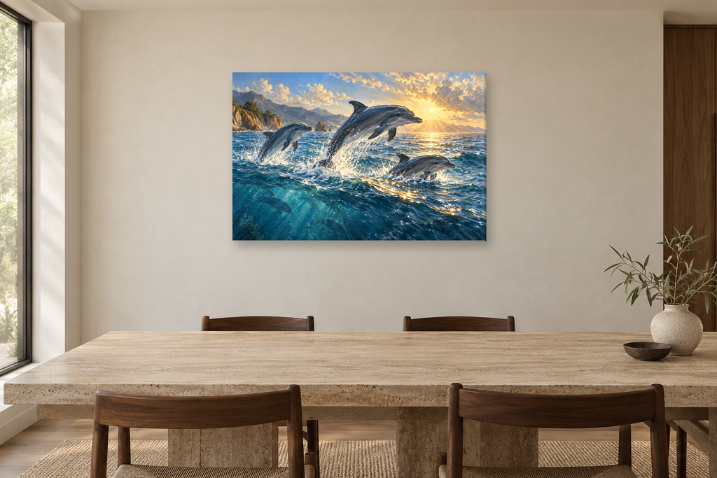 Dolphins In Sunlight — horizontal canvas in a dining room, full original artwork