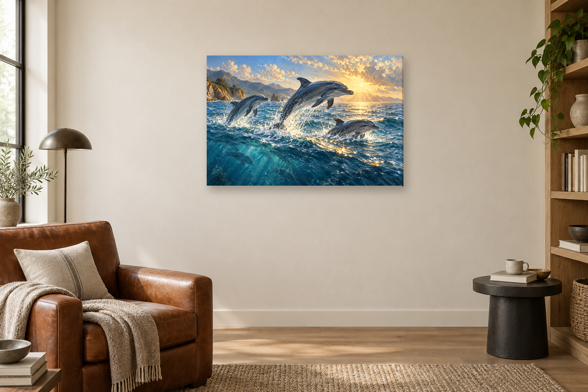 Dolphins In Sunlight — horizontal canvas in a reading corner, full original artwork