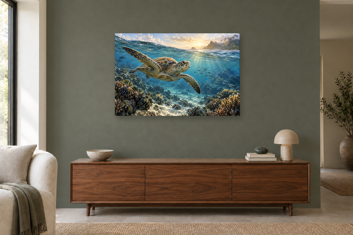 Sea Turtle Passage — horizontal canvas in a living room, full original artwork