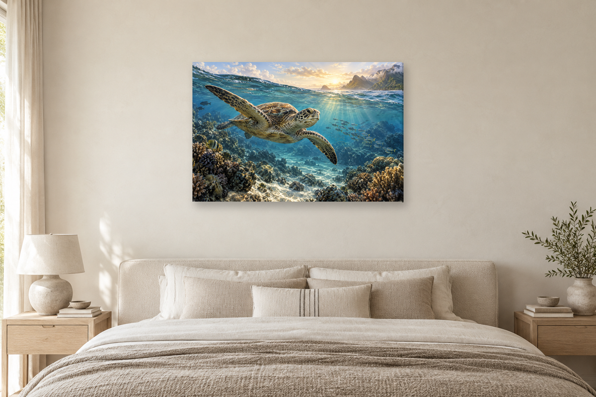 Sea Turtle Passage — horizontal canvas in a bedroom, full original artwork