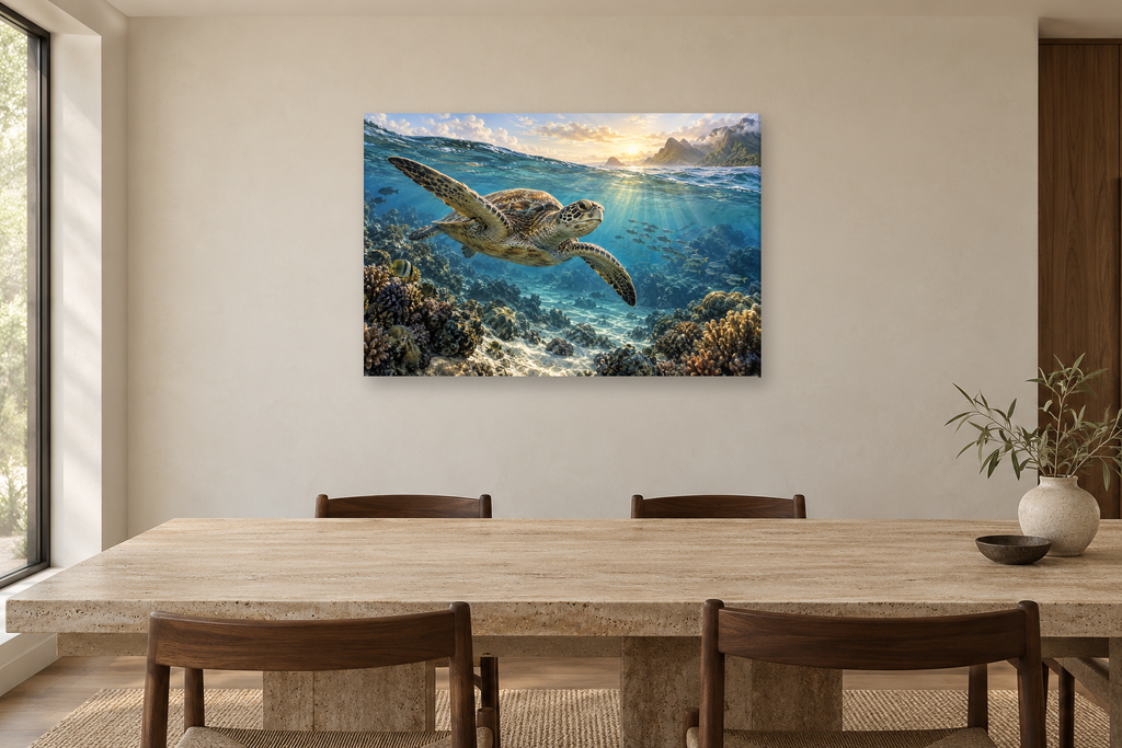 Sea Turtle Passage — horizontal canvas in a dining room, full original artwork