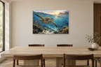 Sea Turtle Passage — horizontal canvas in a dining room, full original artwork