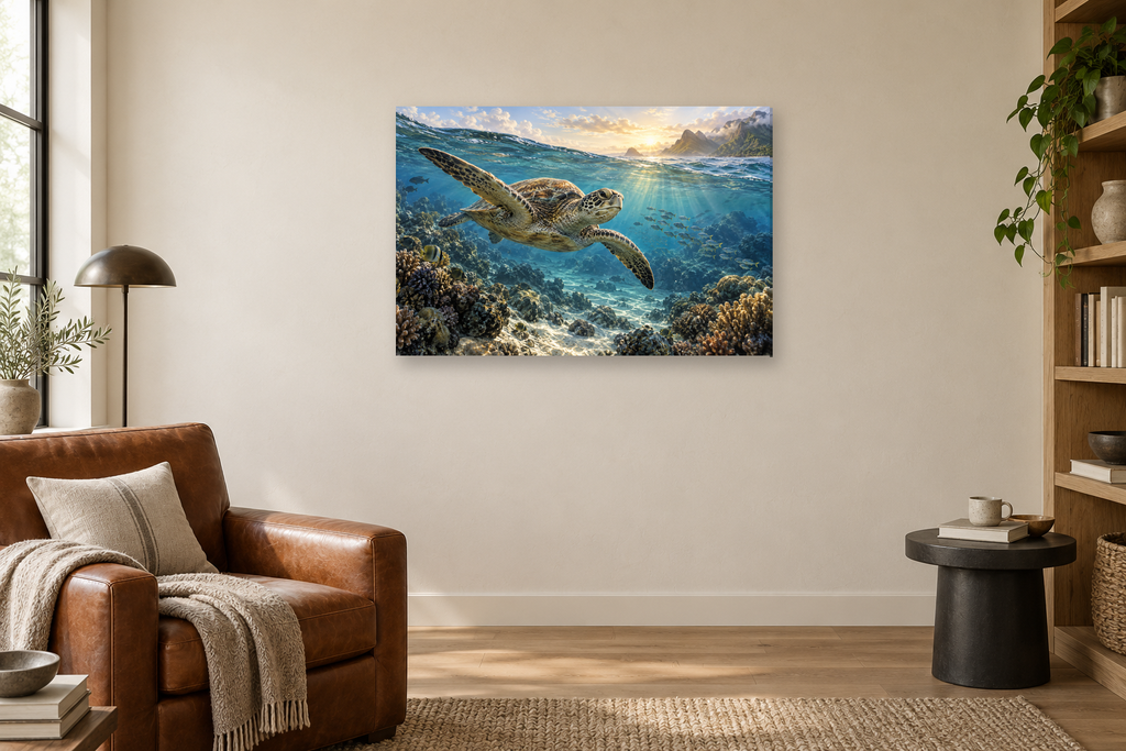 Sea Turtle Passage — horizontal canvas in a reading corner, full original artwork