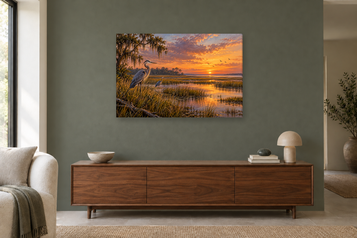 Herons At The Marsh — horizontal canvas in a living room, full original artwork
