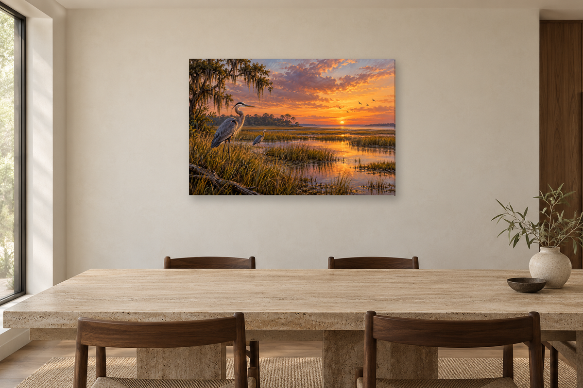Herons At The Marsh — horizontal canvas in a dining room, full original artwork