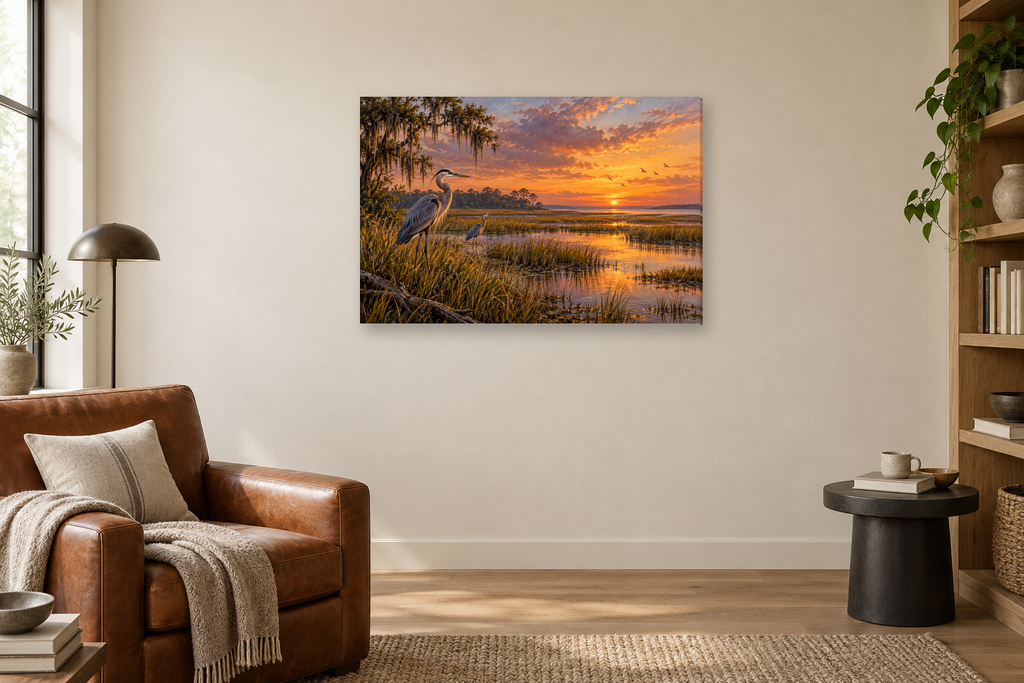 Herons At The Marsh — horizontal canvas in a reading corner, full original artwork