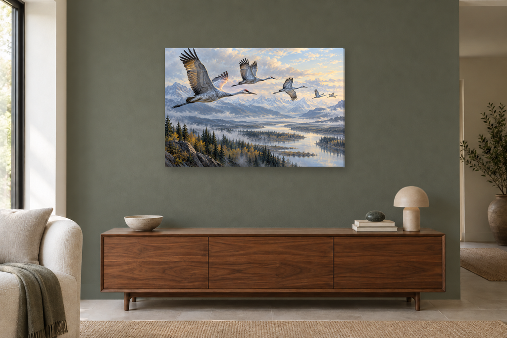 Cranes In Flight — horizontal canvas in a living room, full original artwork