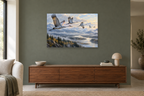 Cranes In Flight — horizontal canvas in a living room, full original artwork
