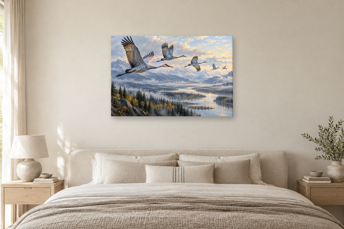 Cranes In Flight — horizontal canvas in a bedroom, full original artwork