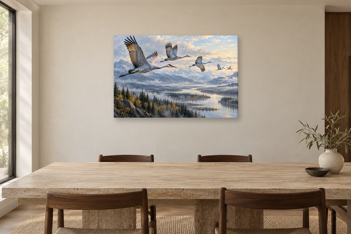 Cranes In Flight — horizontal canvas in a dining room, full original artwork