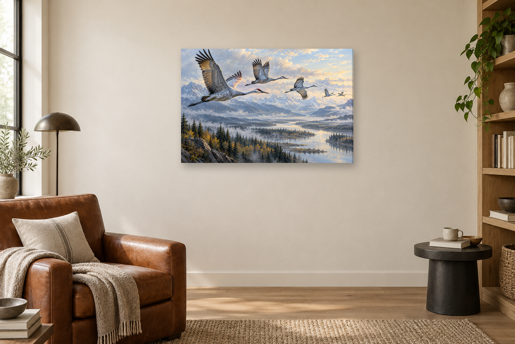 Cranes In Flight — horizontal canvas in a reading corner, full original artwork