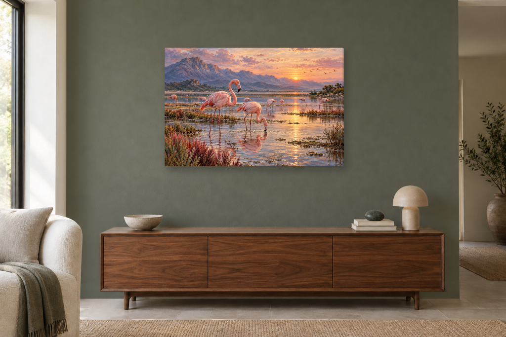 Flamingo Lagoon — horizontal canvas in a living room, full original artwork