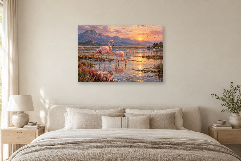 Flamingo Lagoon — horizontal canvas in a bedroom, full original artwork