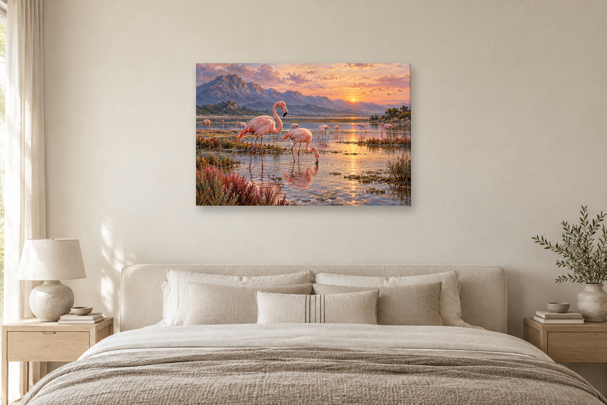 Flamingo Lagoon — horizontal canvas in a bedroom, full original artwork