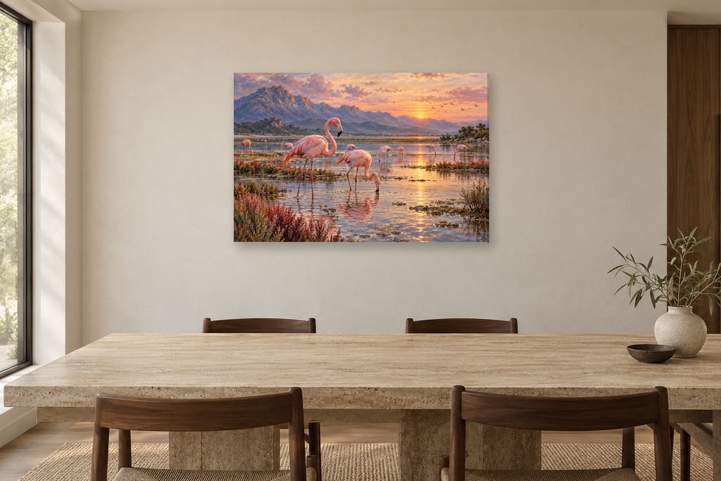 Flamingo Lagoon — horizontal canvas in a dining room, full original artwork