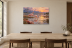 Flamingo Lagoon — horizontal canvas in a dining room, full original artwork