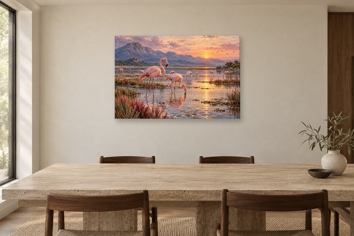 Flamingo Lagoon — horizontal canvas in a dining room, full original artwork